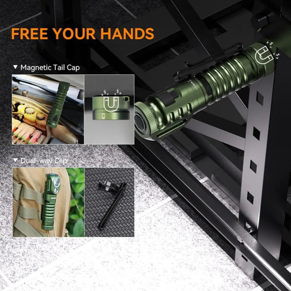 Green torch with magnetic tail cap and dual-way clip features on a black background.