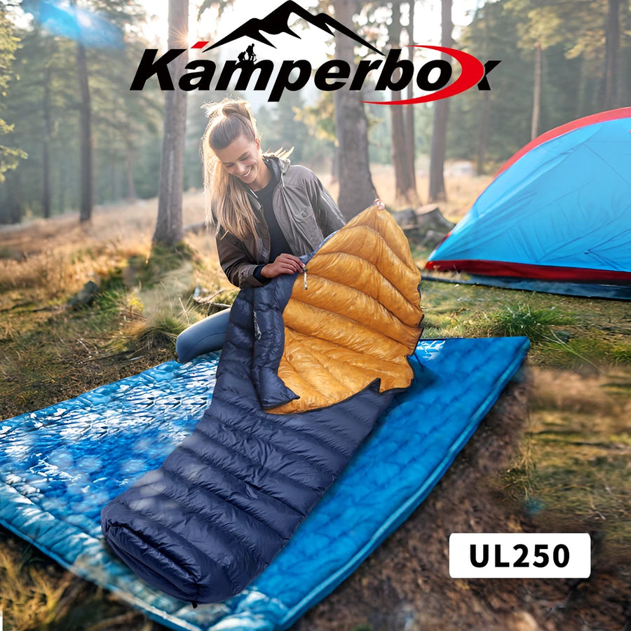 Person with Kamperbox sleeping bags in a forest setting