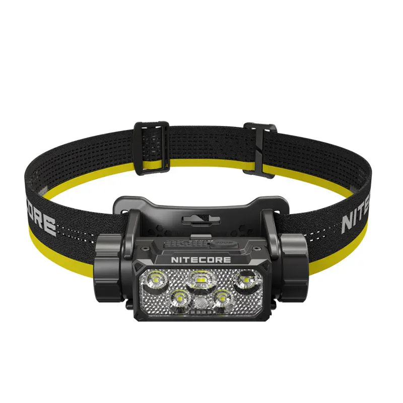 Nitecore headlamp with black and yellow strap on a white background