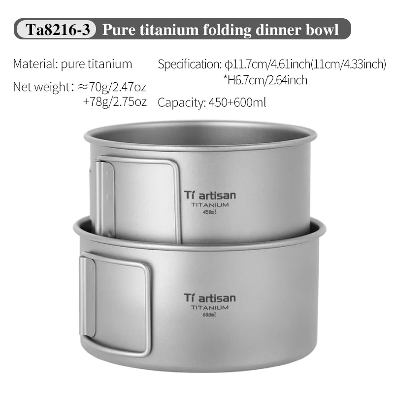 Pure titanium folding dinner bowl with specifications on a white background