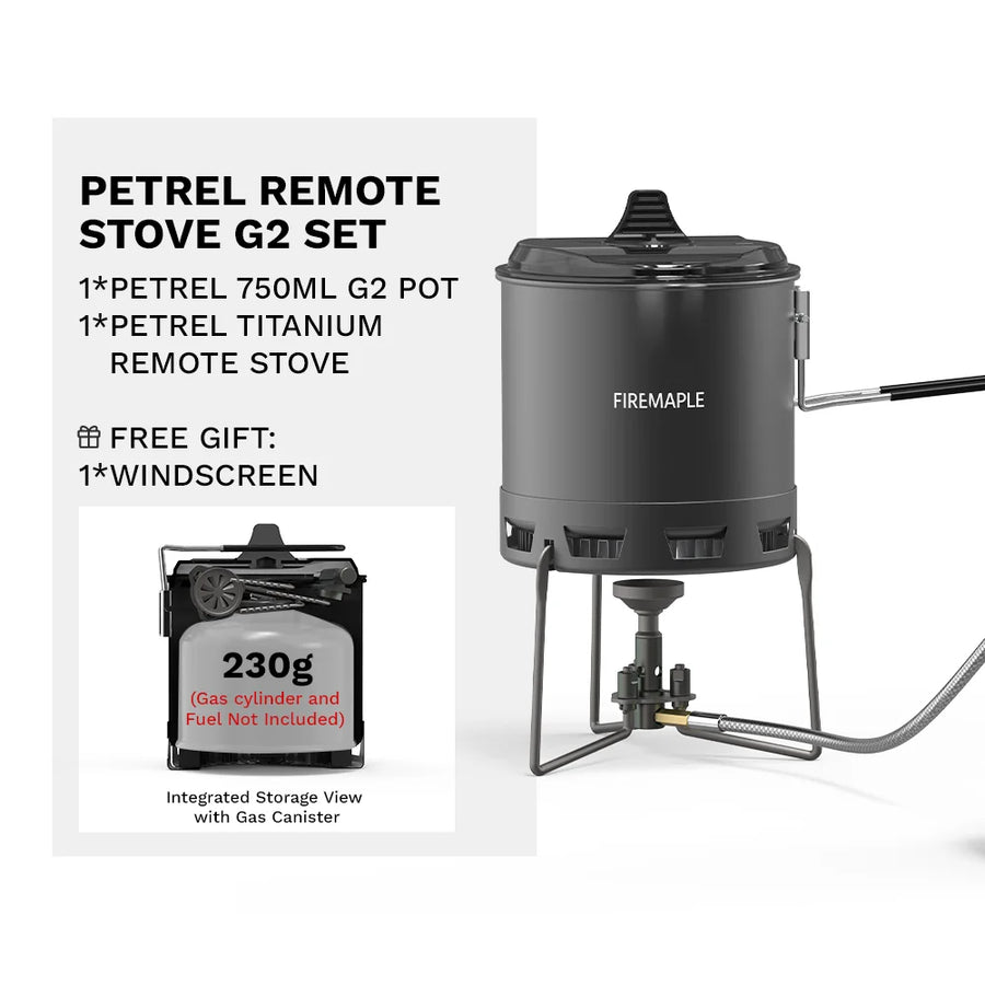 Petrel Remote Stove G2 set with packaging on a white background