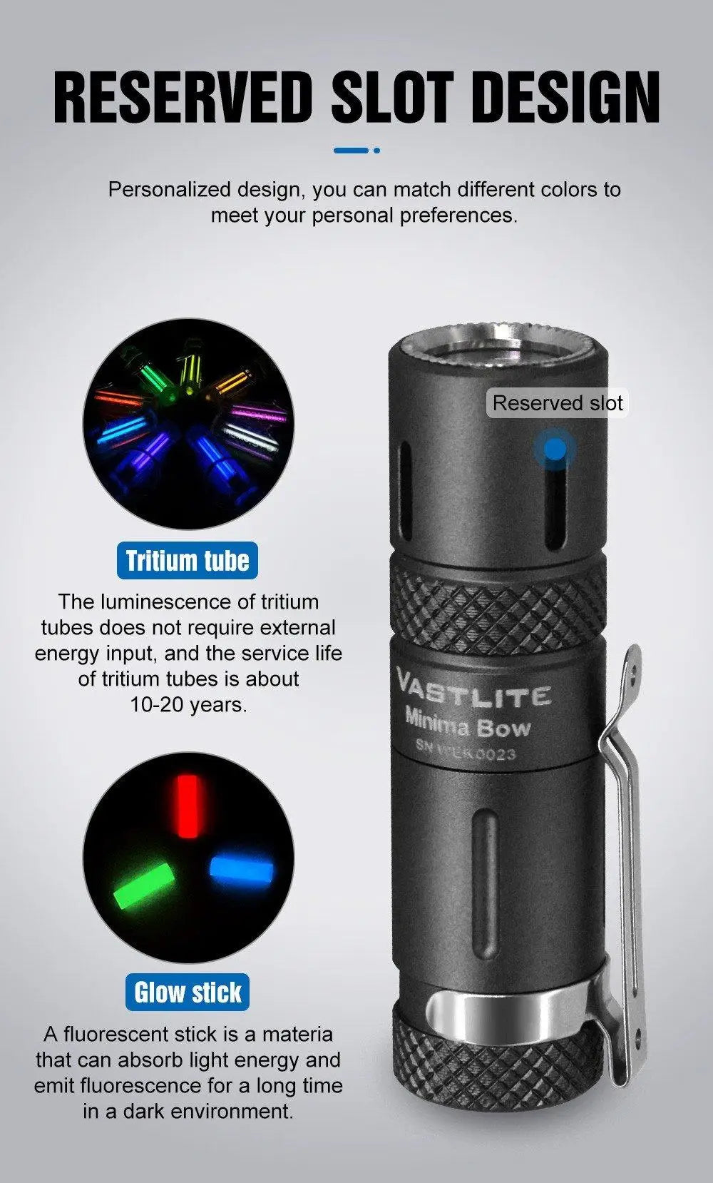 Vastlite Miniature Bow flashlight with tritium tube and glow stick features on a gray background