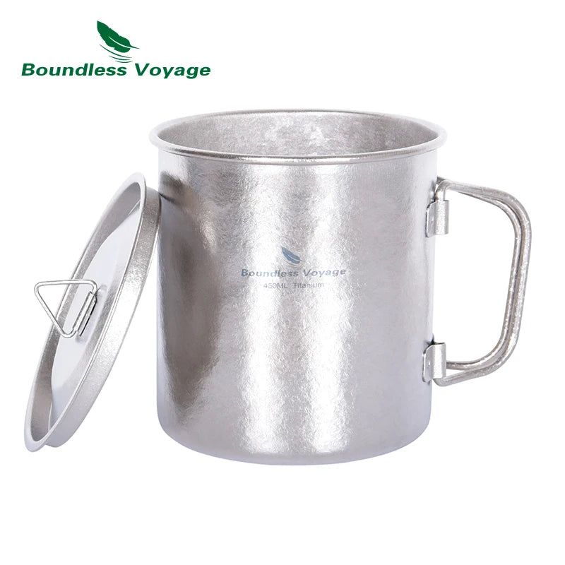 Titanium mug with handle and lid on a white background, featuring 'Boundless Voyage' branding.
