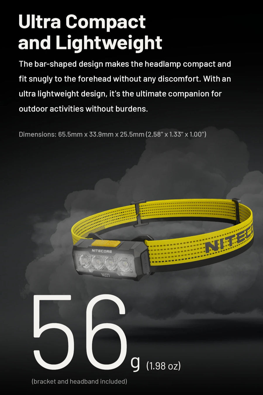 Nitecore headlamp with text on a dark background