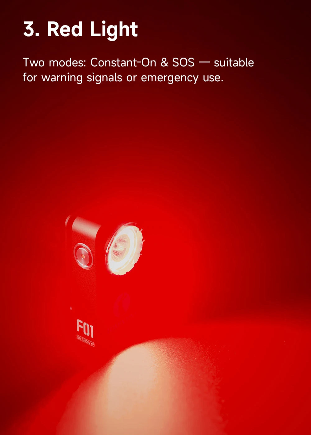 Red light with 'F01' branding on a red background