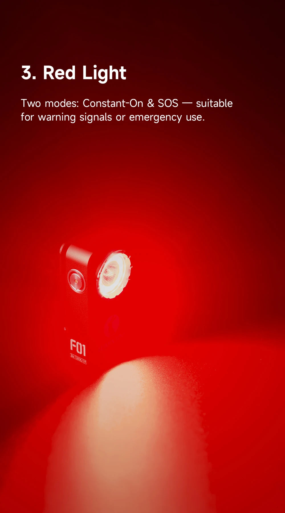 Red light with 'F01' branding on a red background