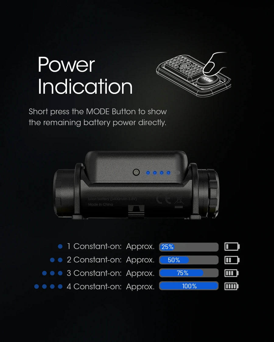 Power indicator display on a device with battery level icons and percentages.