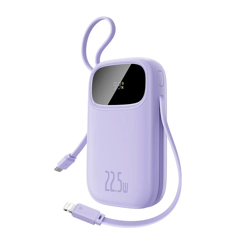 Purple portable charger with screen and cable on a white background