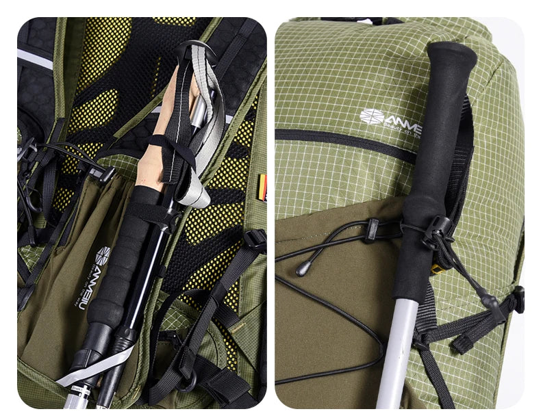 Green backpack with hiking poles attached, featuring a brand logo.
