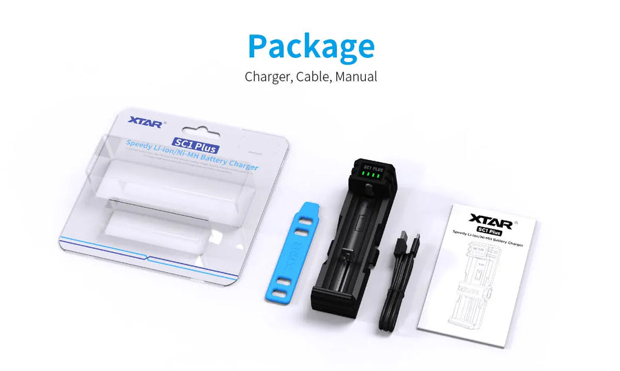 XTAR battery charger, cable, and manual packaging on a white background