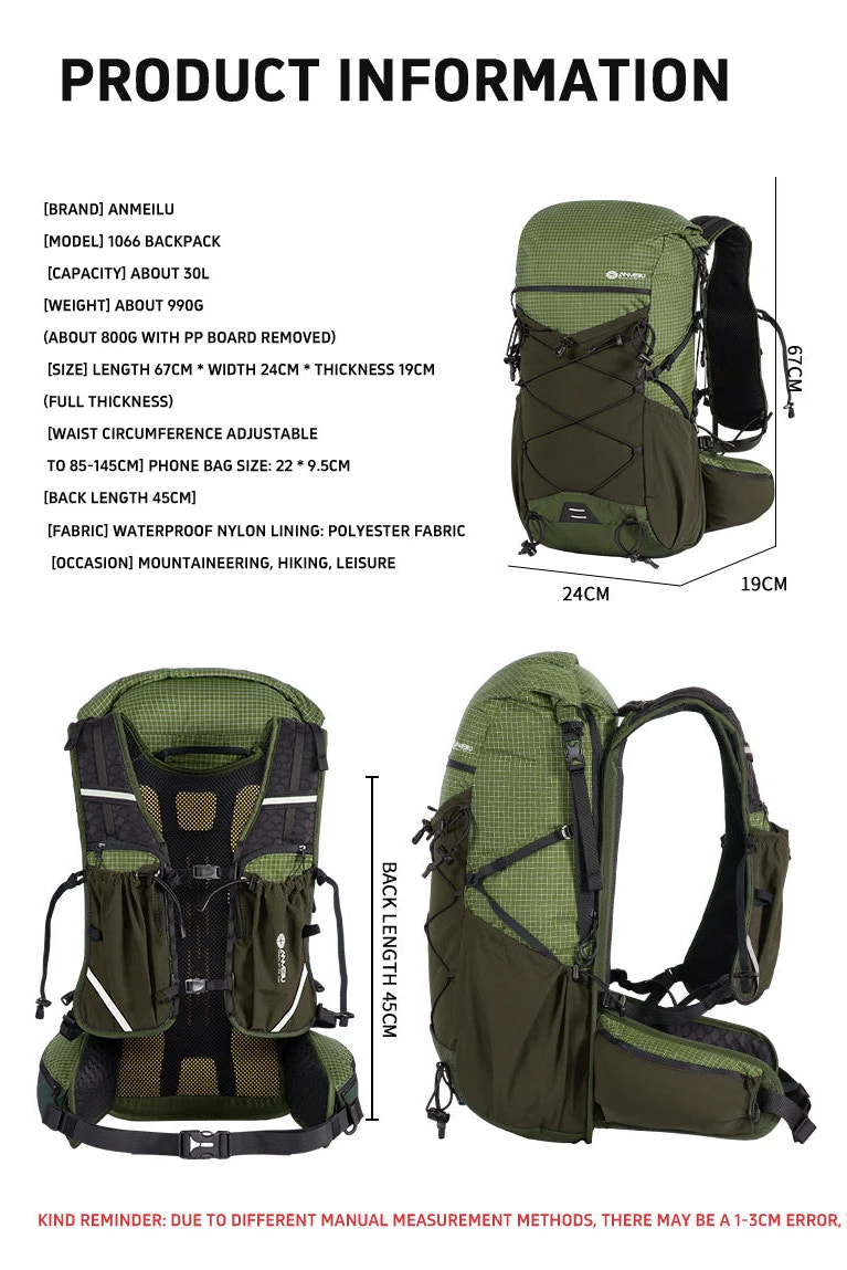 Green backpack with detailed product information and dimensions on a white background