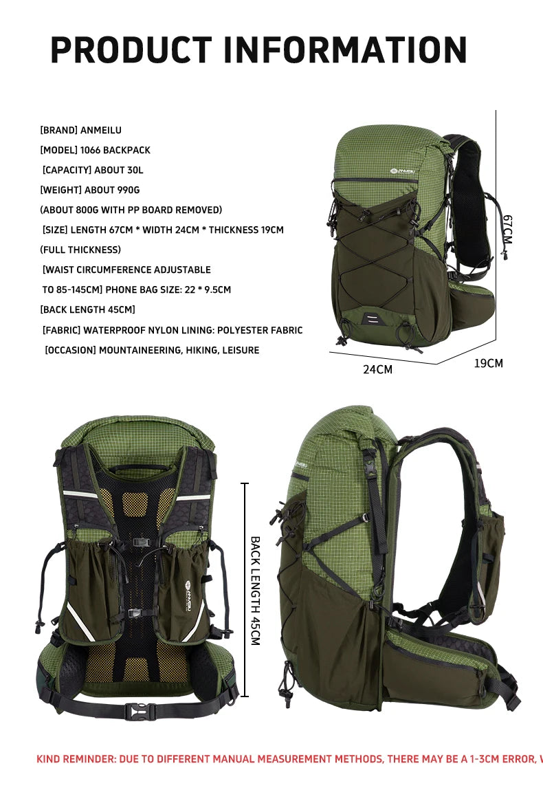 Green backpack with detailed product information and dimensions on a white background