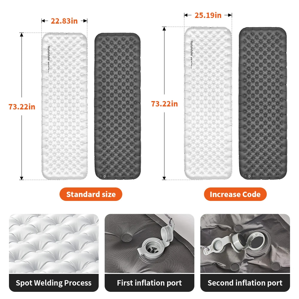 Inflatable mat with dimensions and features on a white background