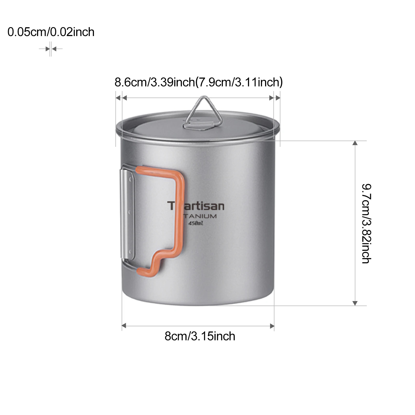 Titanium camping pot with dimensions labeled on a white background