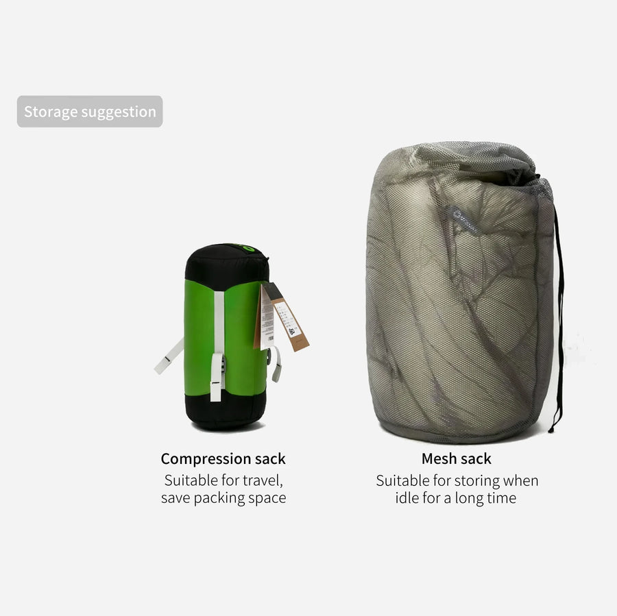 Compression sack and mesh sack on a white background with text labels.
