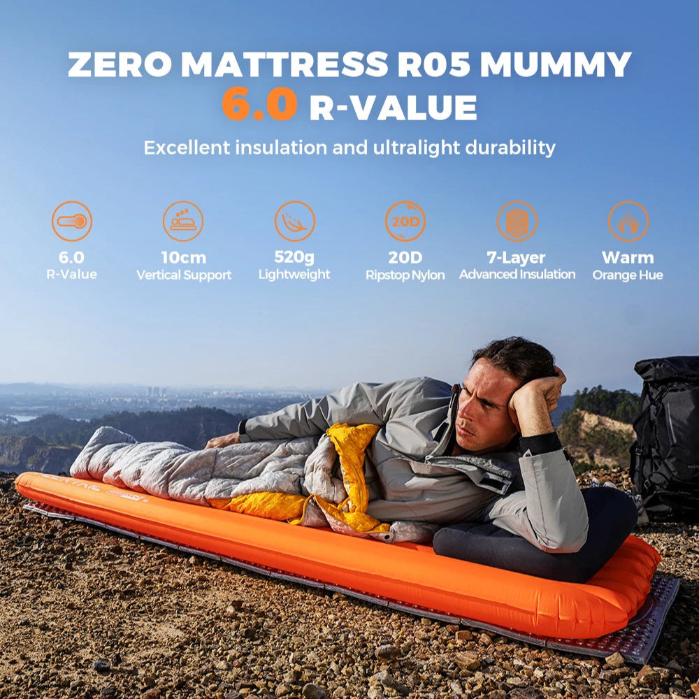 Person lying on an orange sleeping pad with mountain scenery in the background