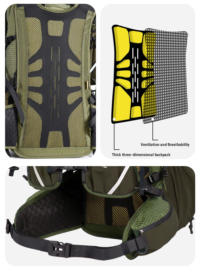 Green backpack with ventilation and breathability features highlighted on a white background