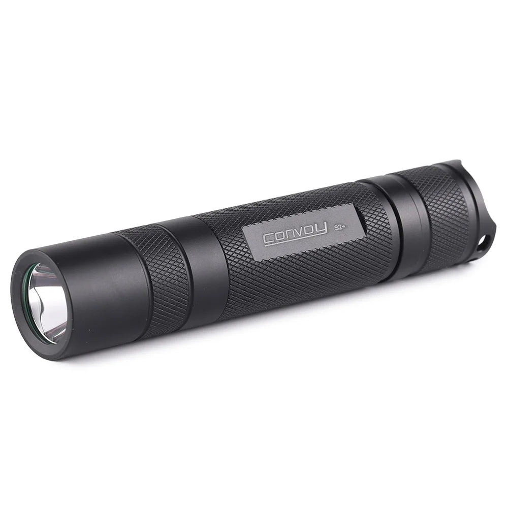 Black flashlight with 'Convoy' branding on a white background
