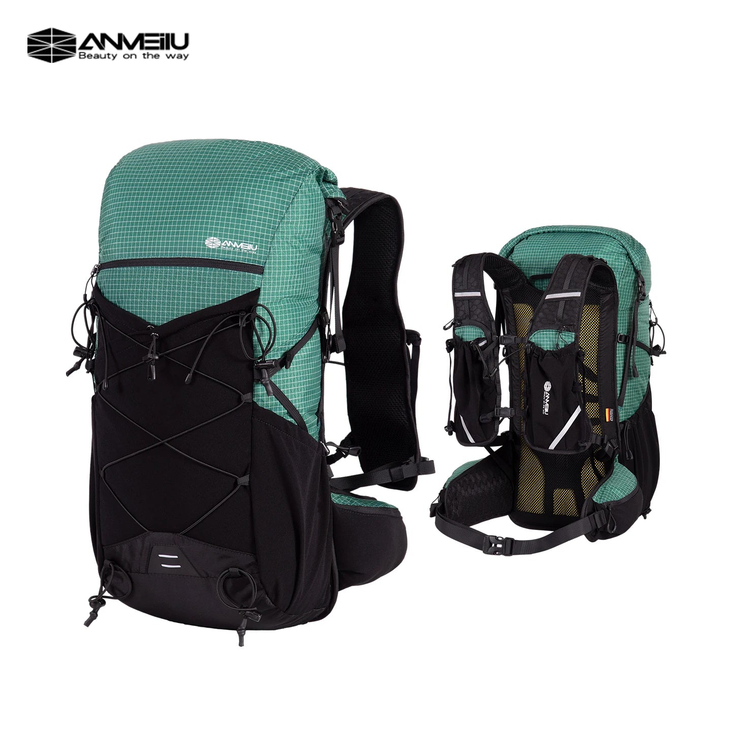 Green and black backpack with detailed design on a white background, featuring the Anmeilu brand.