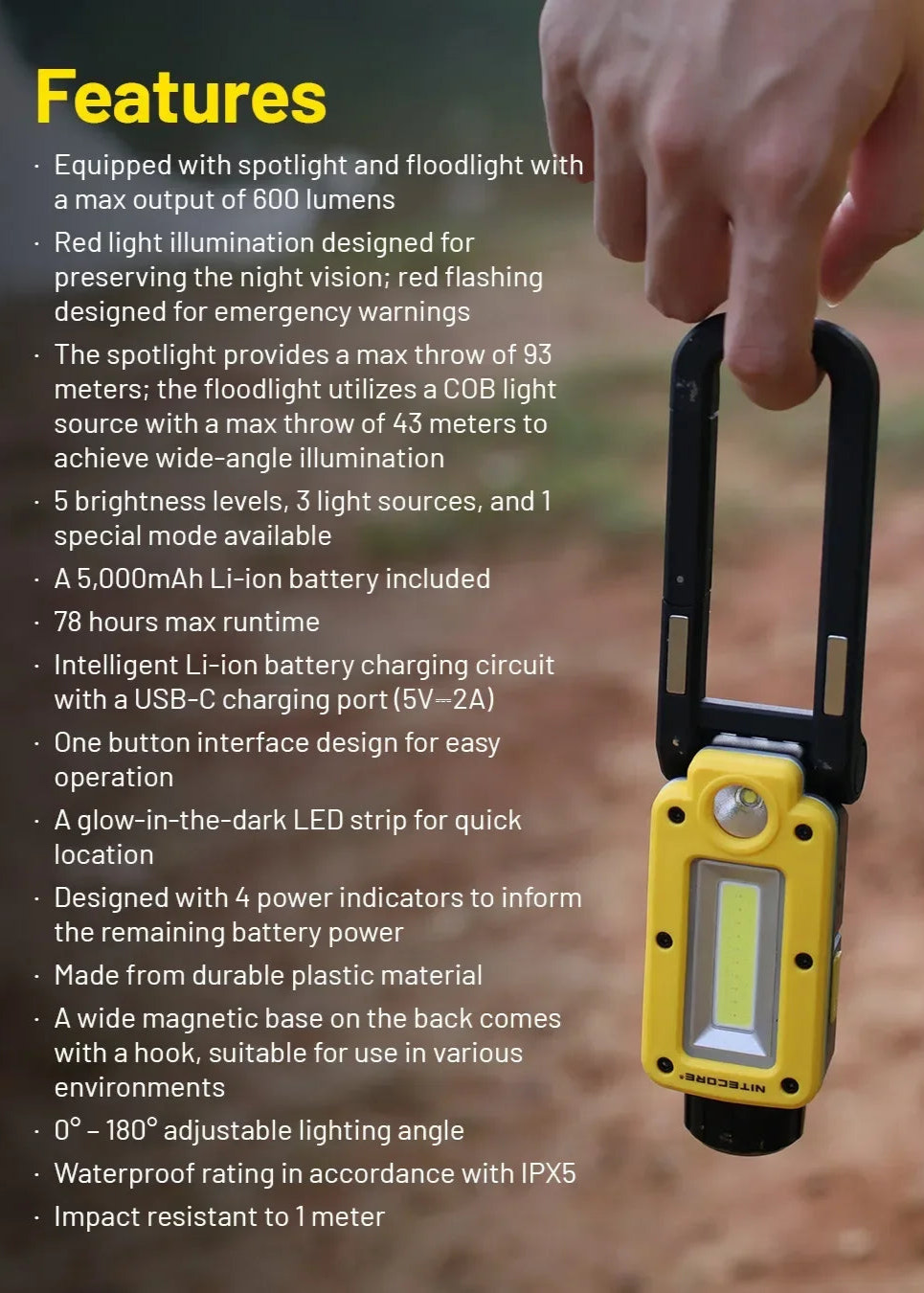 Yellow flashlight held by a hand with features listed on a dark background