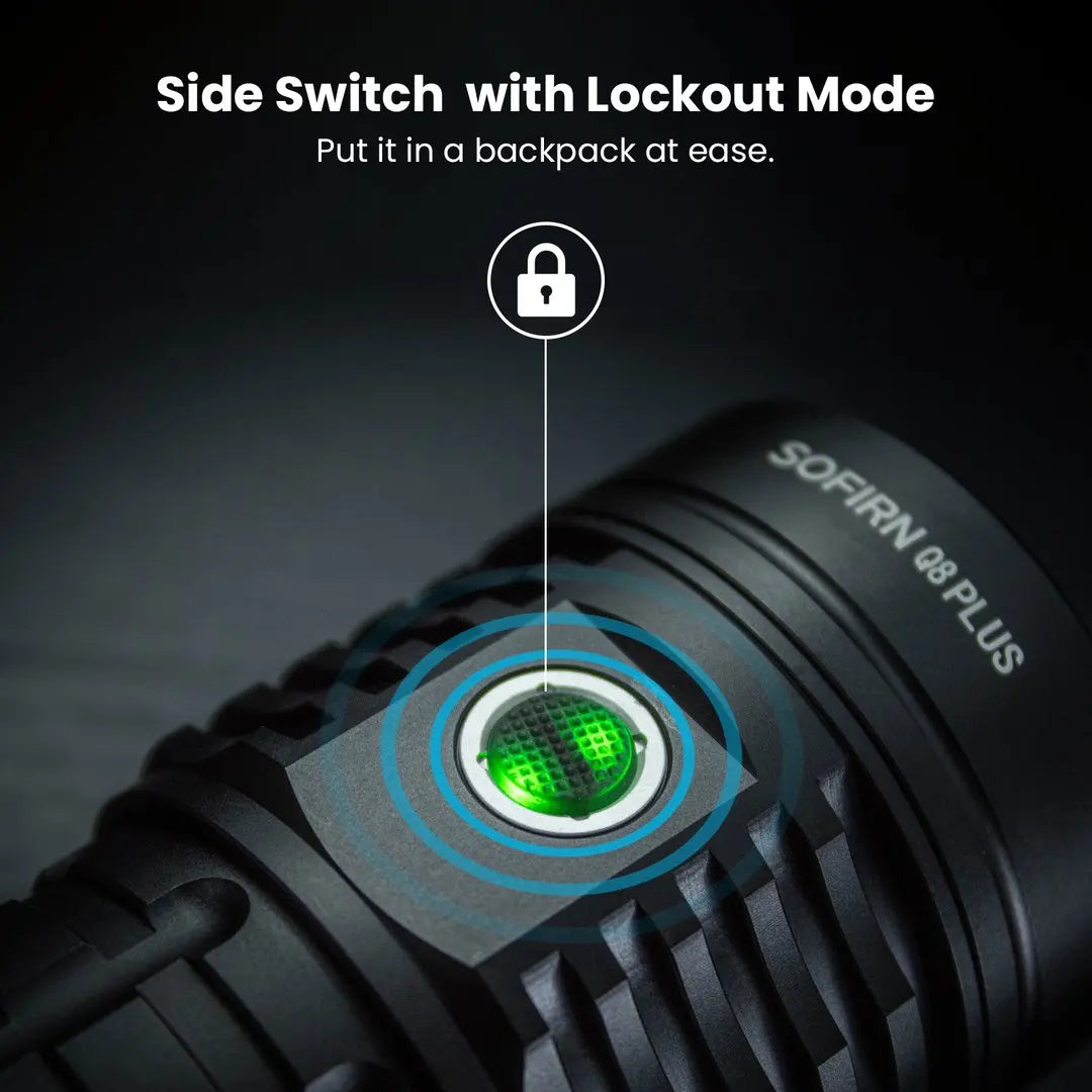 Focusing on the side switch with lockout mode of a SOFIRN Q8 PLUS flashlight.