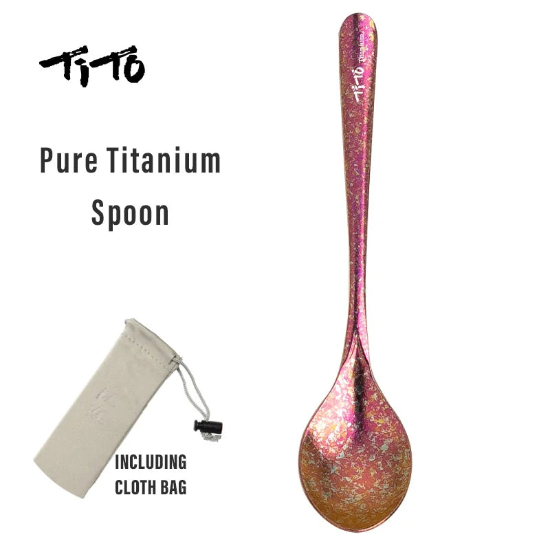 Pure Titanium Spoon with a cloth bag on a white background, featuring the brand 'Tito'.