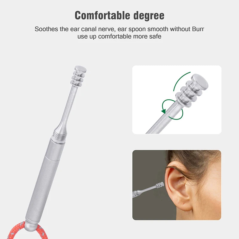 Ear cleaning tool with text explaining its benefits on a white background