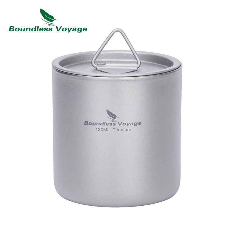 Titanium mug with lid on a white background, featuring 'Boundless Voyage' branding.