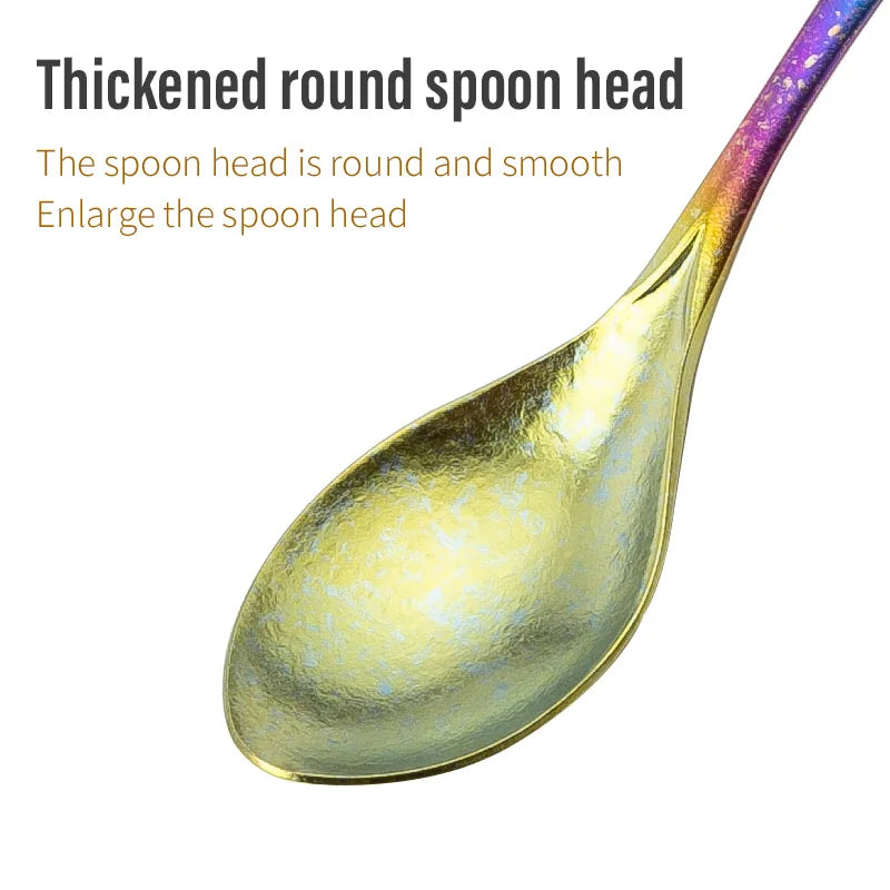 Gold spoon head with text on a white background