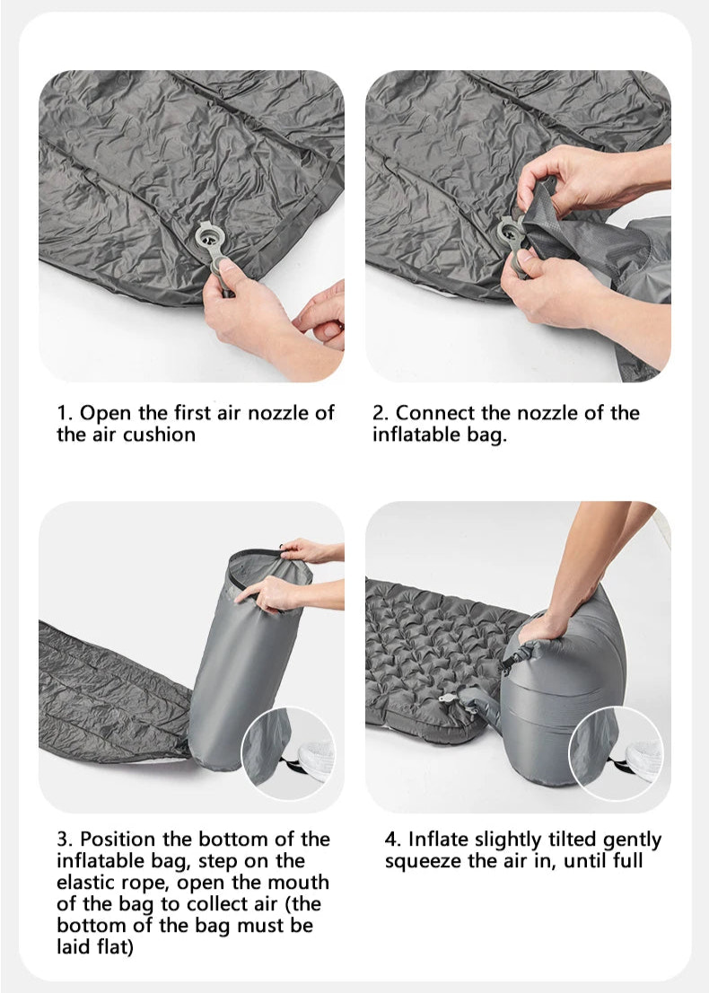 Step-by-step instructions on how to inflate an inflatable bag with images and text.