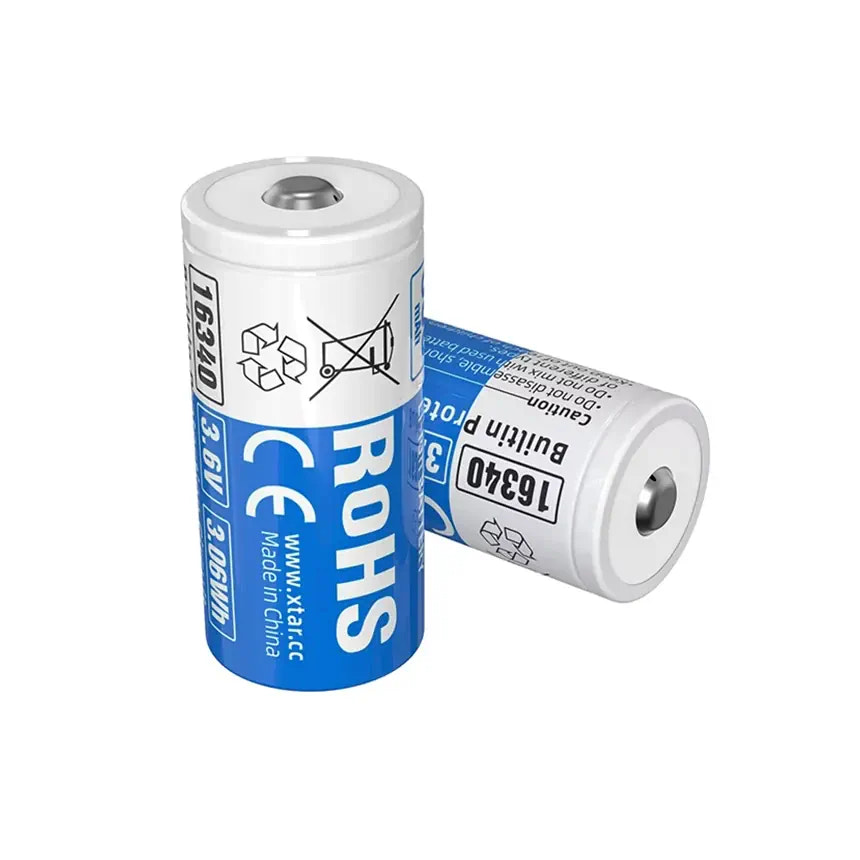Two batteries with visible branding and certification logos on a white background