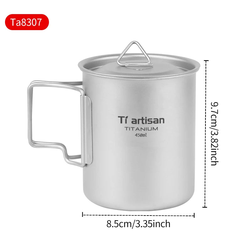 titanium mug with lid and dimensions on a white background
