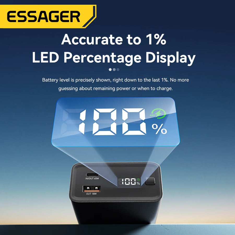 Battery level indicator with LED percentage display on a blue background, featuring the brand 'ESSAGER'.