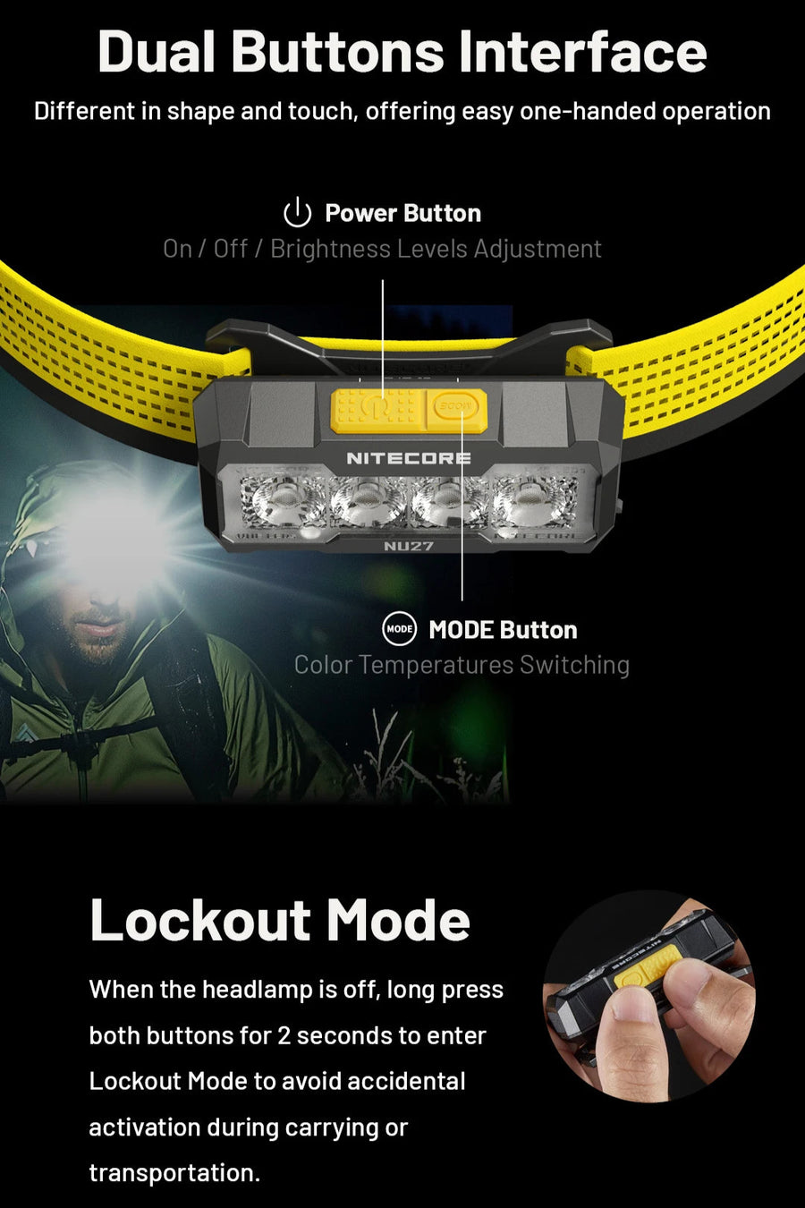 Nitecore headlamp with dual buttons interface and lockout mode feature on a black background.