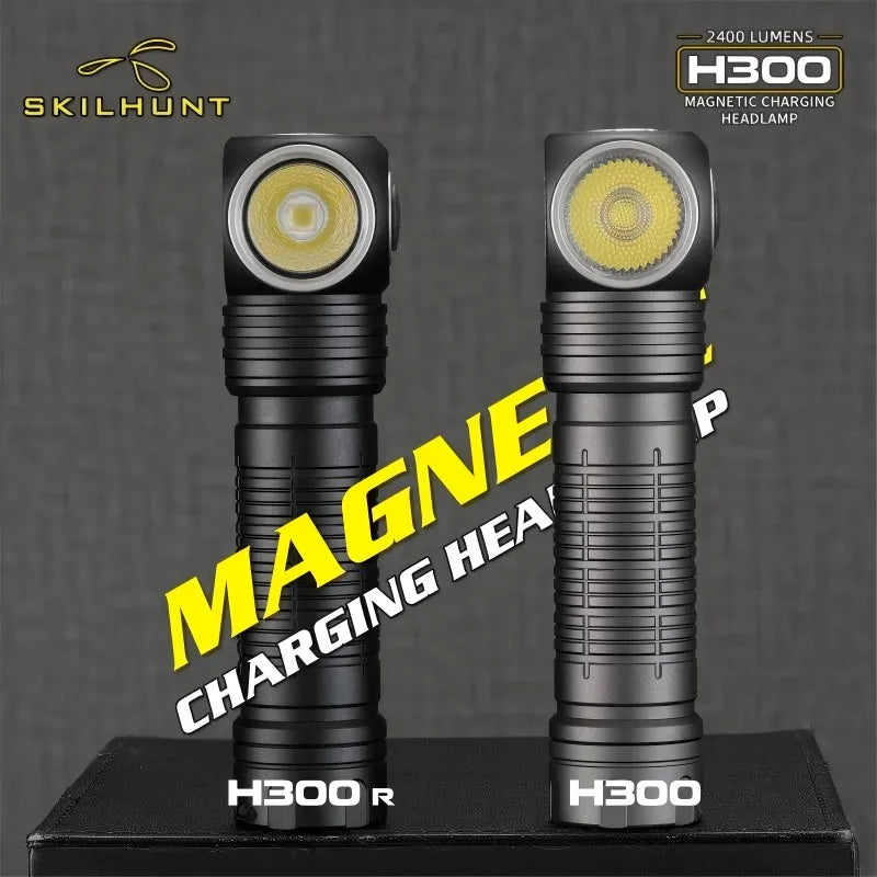 Two Skilhunt H300 magnetic charging headlamps on a gray background