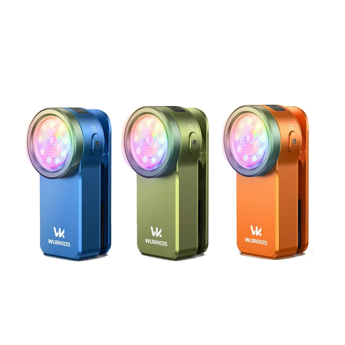 Three colorful light-emitting devices with 'Wurkkos' branding on a white background