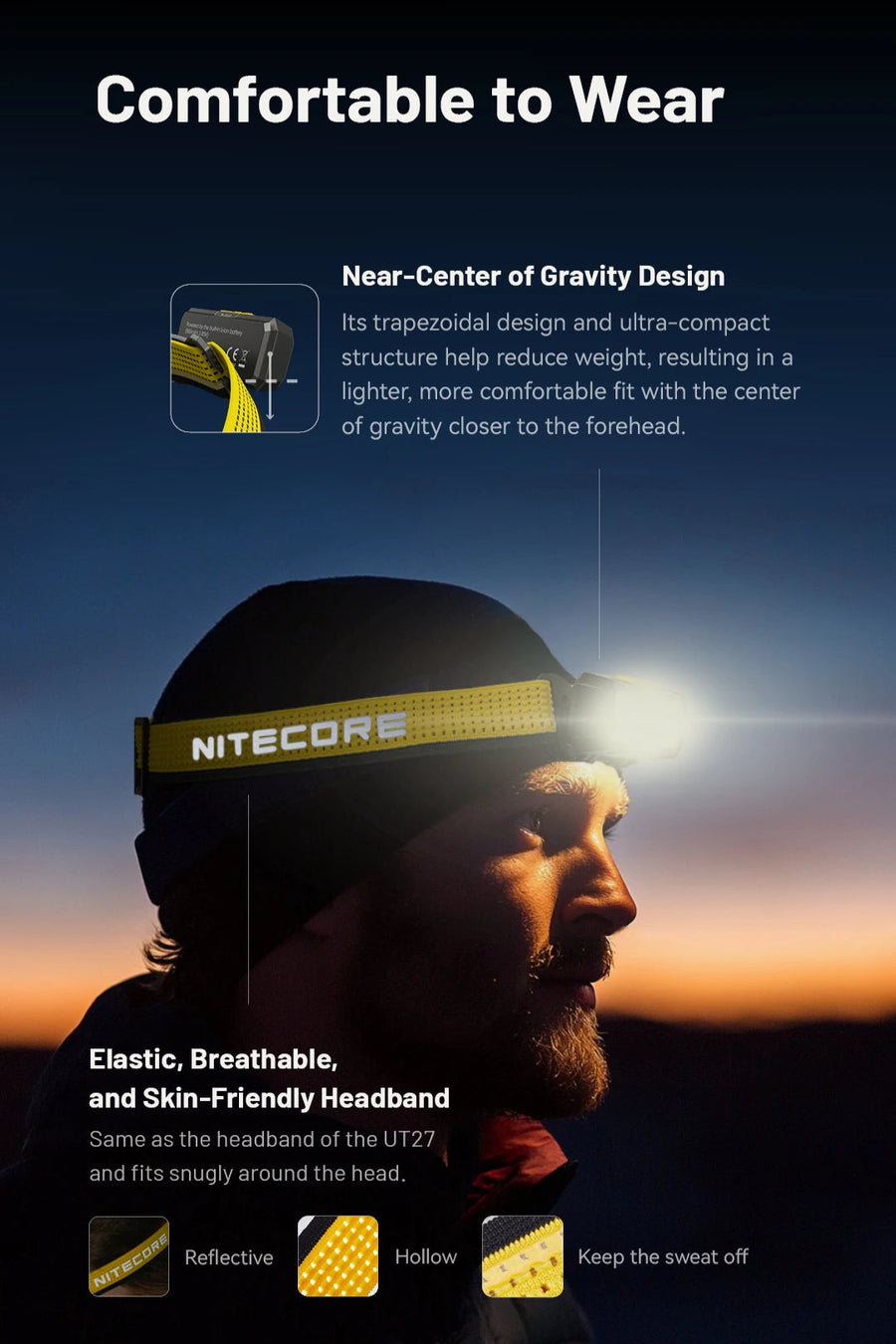 Person wearing a Nitecore headlamp with text highlighting design features against a dark background.