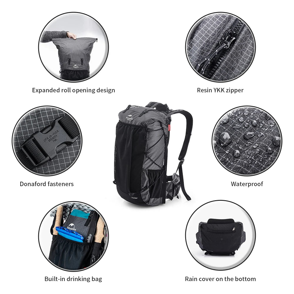 Black backpack with features highlighted on a white background