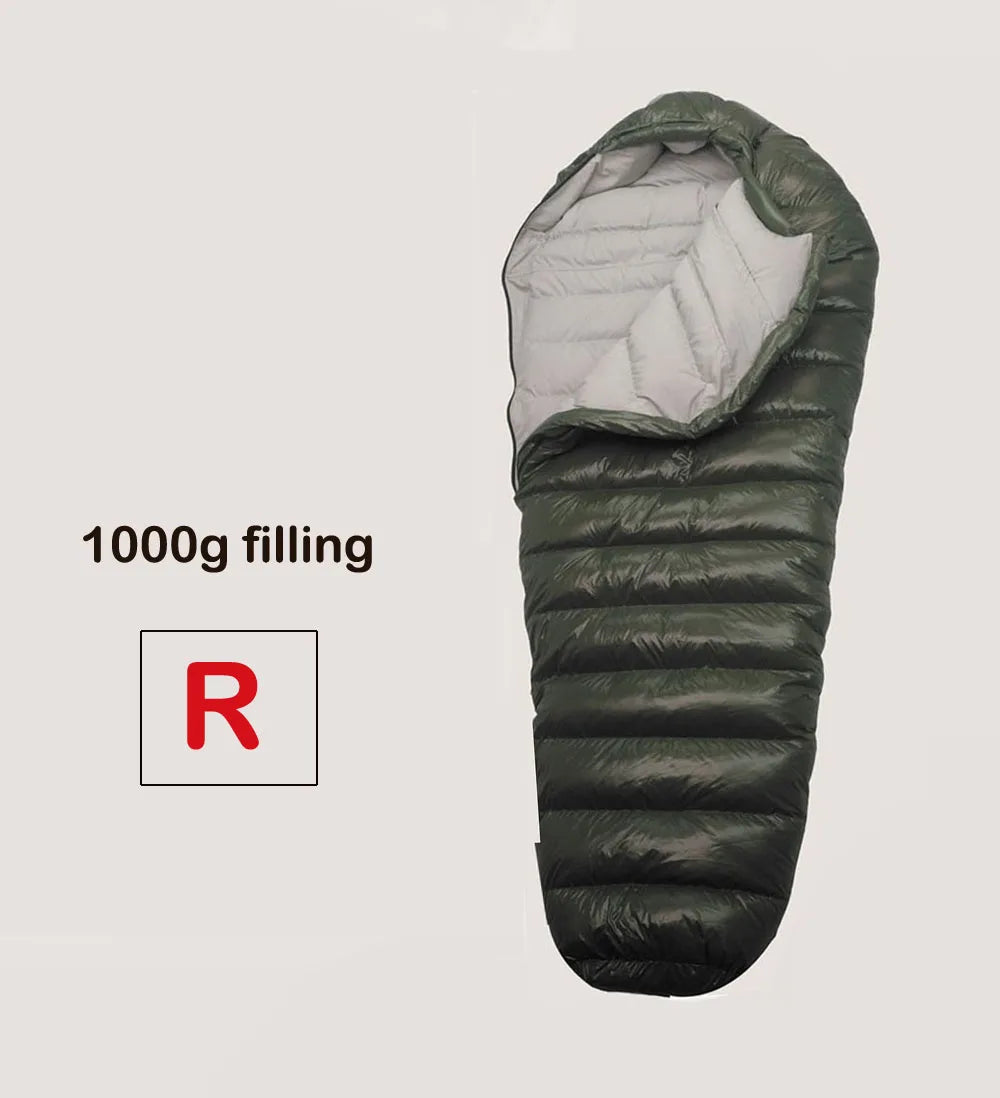 Green sleeping bag with 1000g filling label on a light gray background
