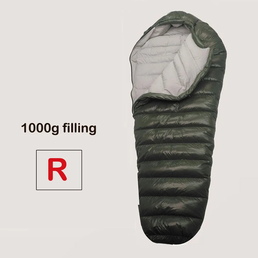 Green sleeping bag with 1000g filling label on a light gray background