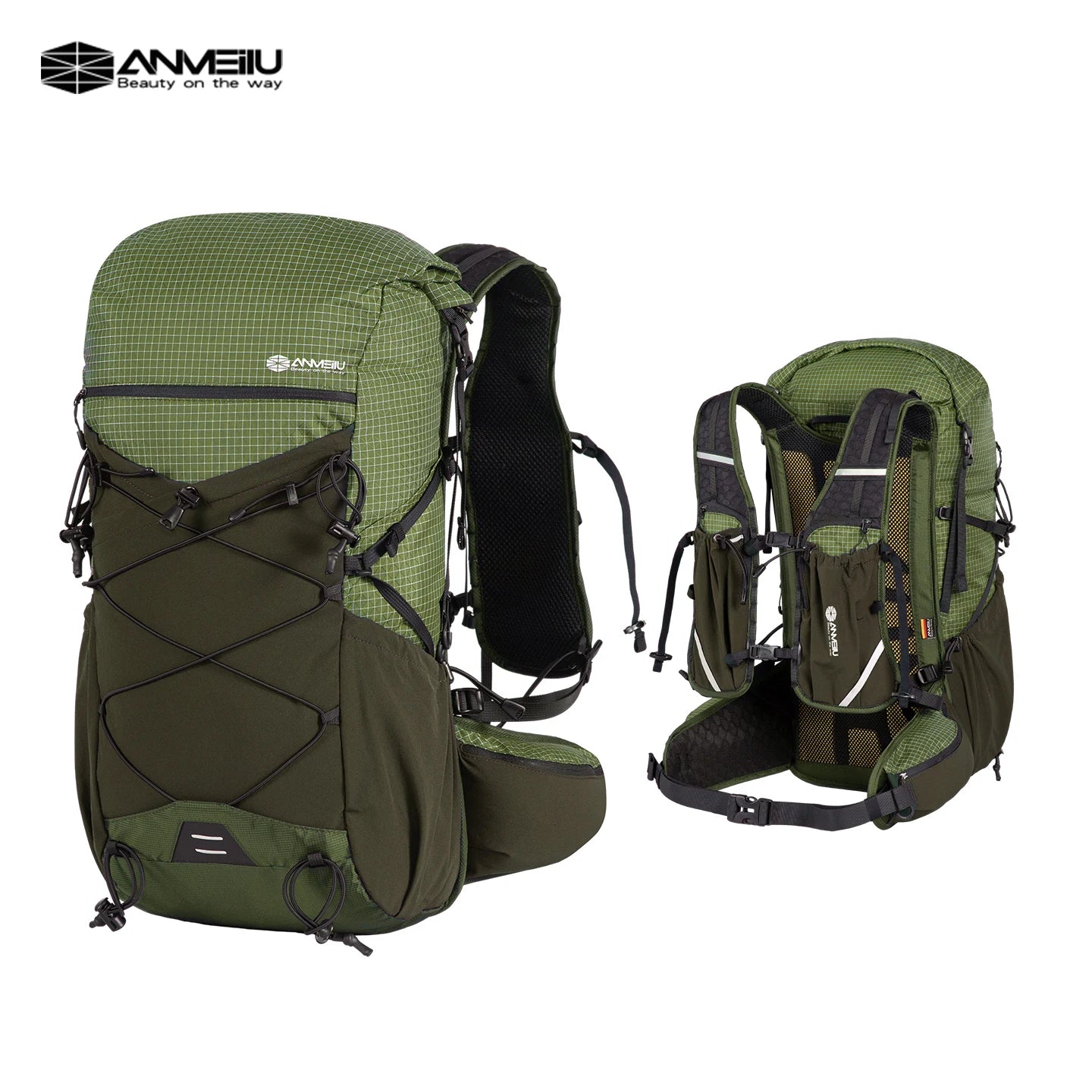 Green backpack with multiple compartments and straps on a white background, featuring the Anmeilu brand.