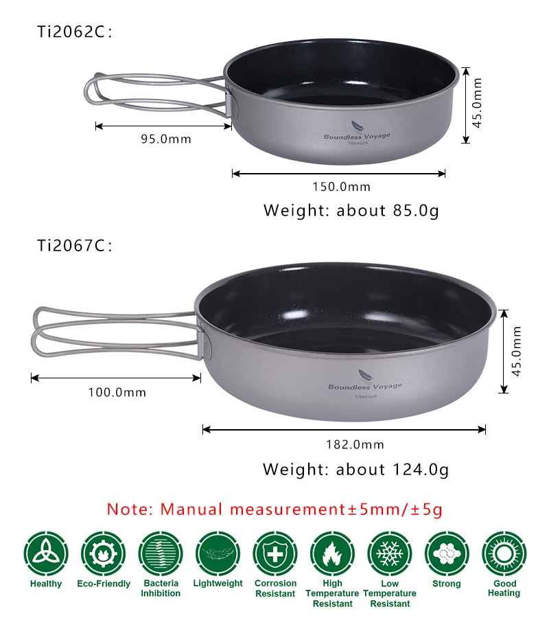 Two camping cookware pots with measurements and weight details on a white background.