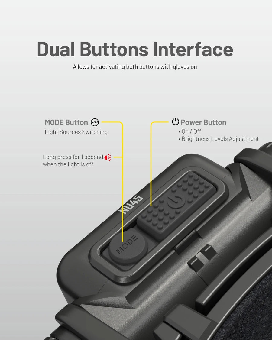 Close-up of a device with dual buttons labeled 'Mode' and 'Power' on a gray background.