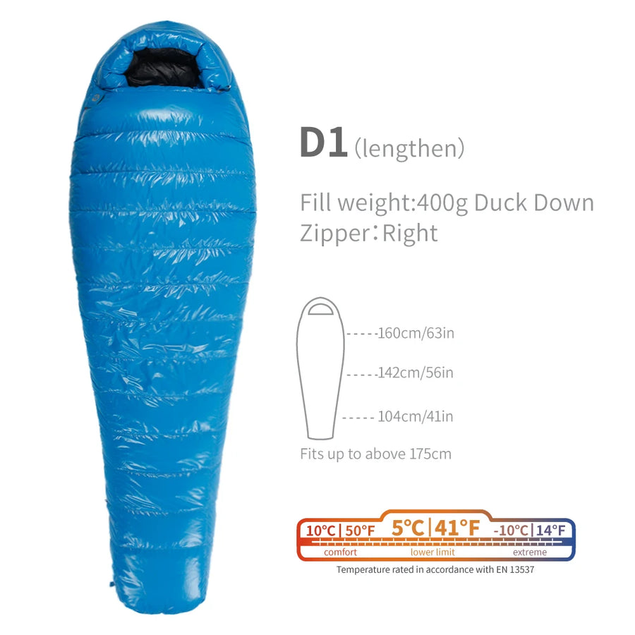 Blue sleeping bag with specifications on a white background