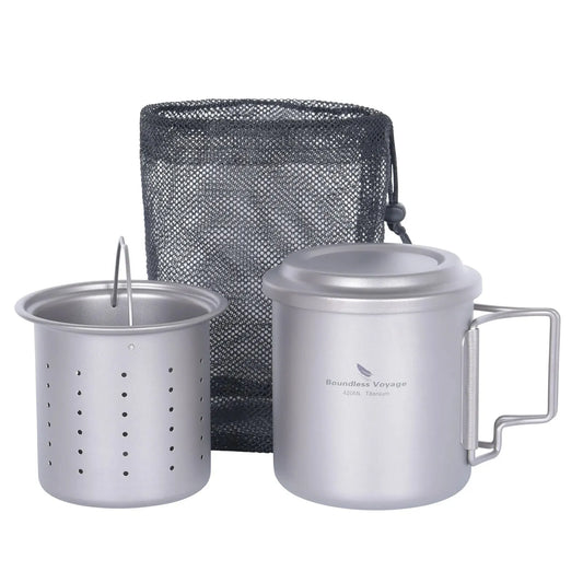 Titanium Cup with Tea Strainer with a mesh storage bag on a white background