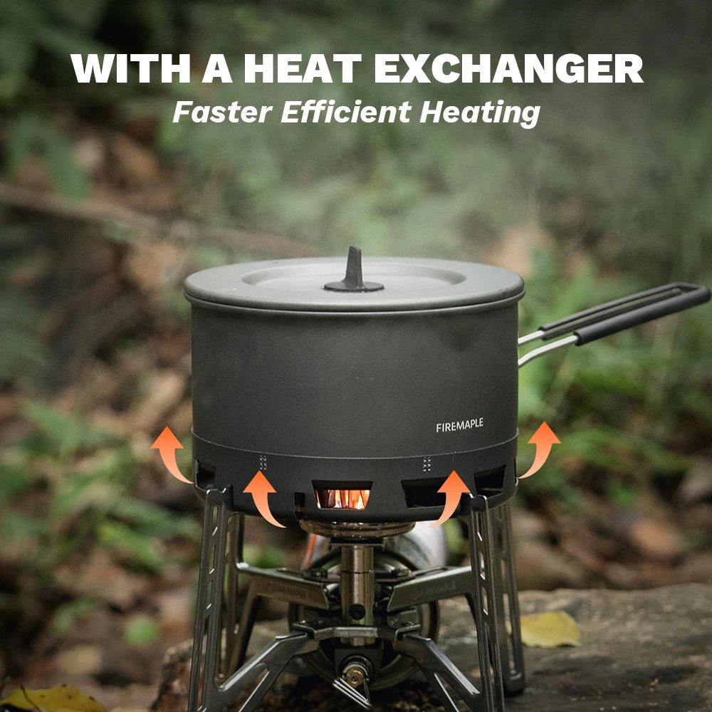 Camp stove with heat exchanger feature in a forest setting