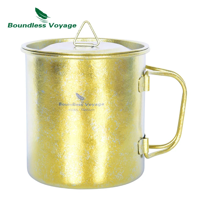 Gold-colored mug with handle and lid on a white background, featuring 'Boundless Voyage' branding.