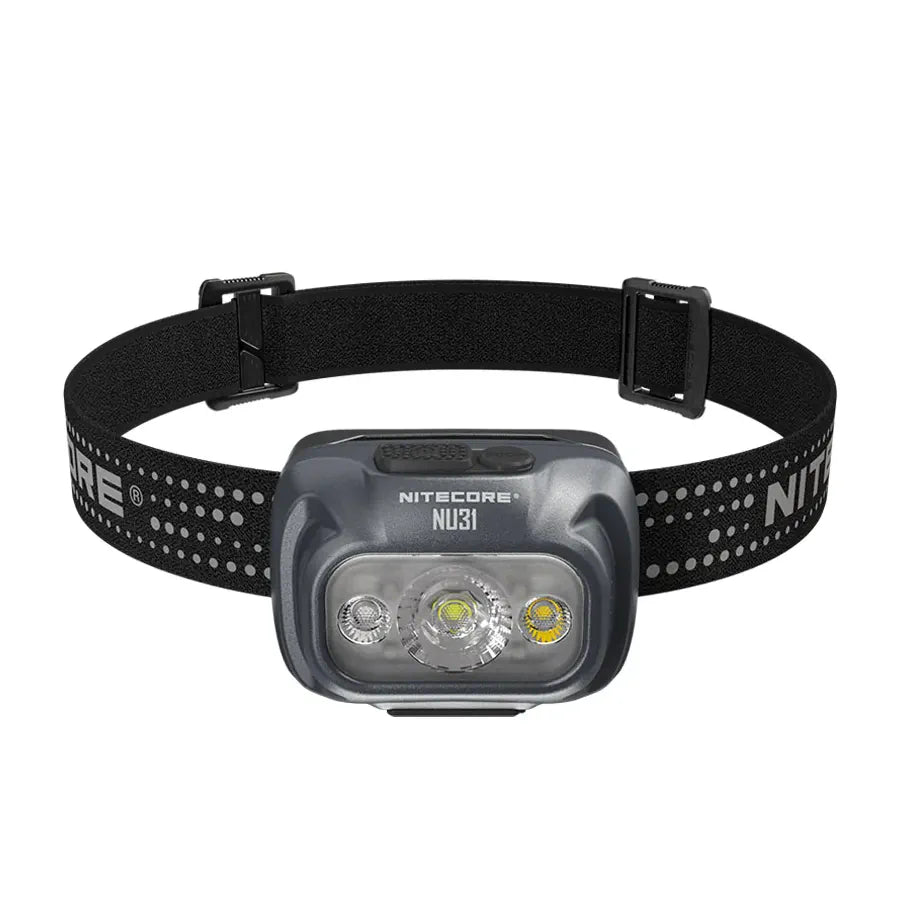 Nitecore NU31 headlamp with black strap on a white background