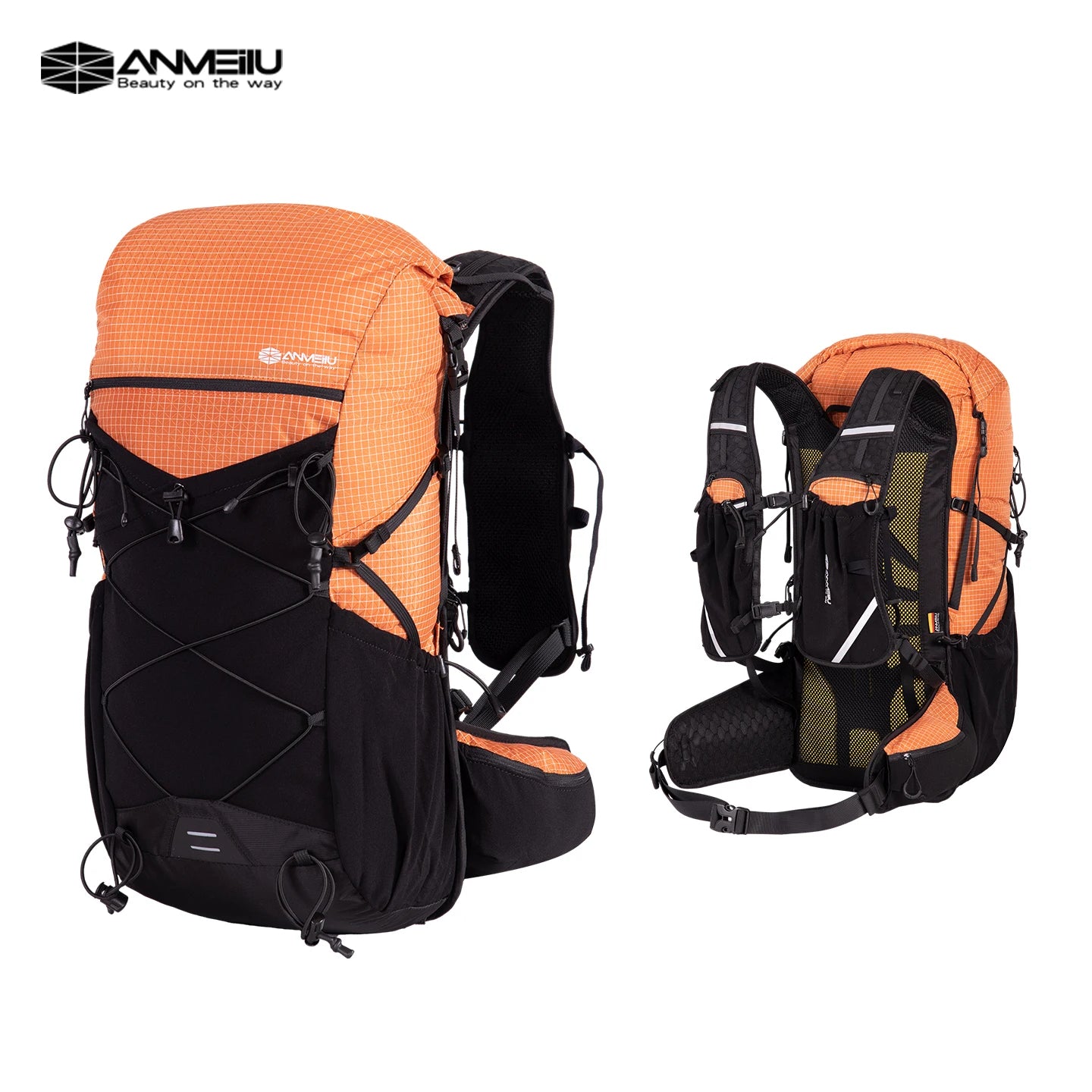 Orange and black backpack with Anmeilu logo on a white background
