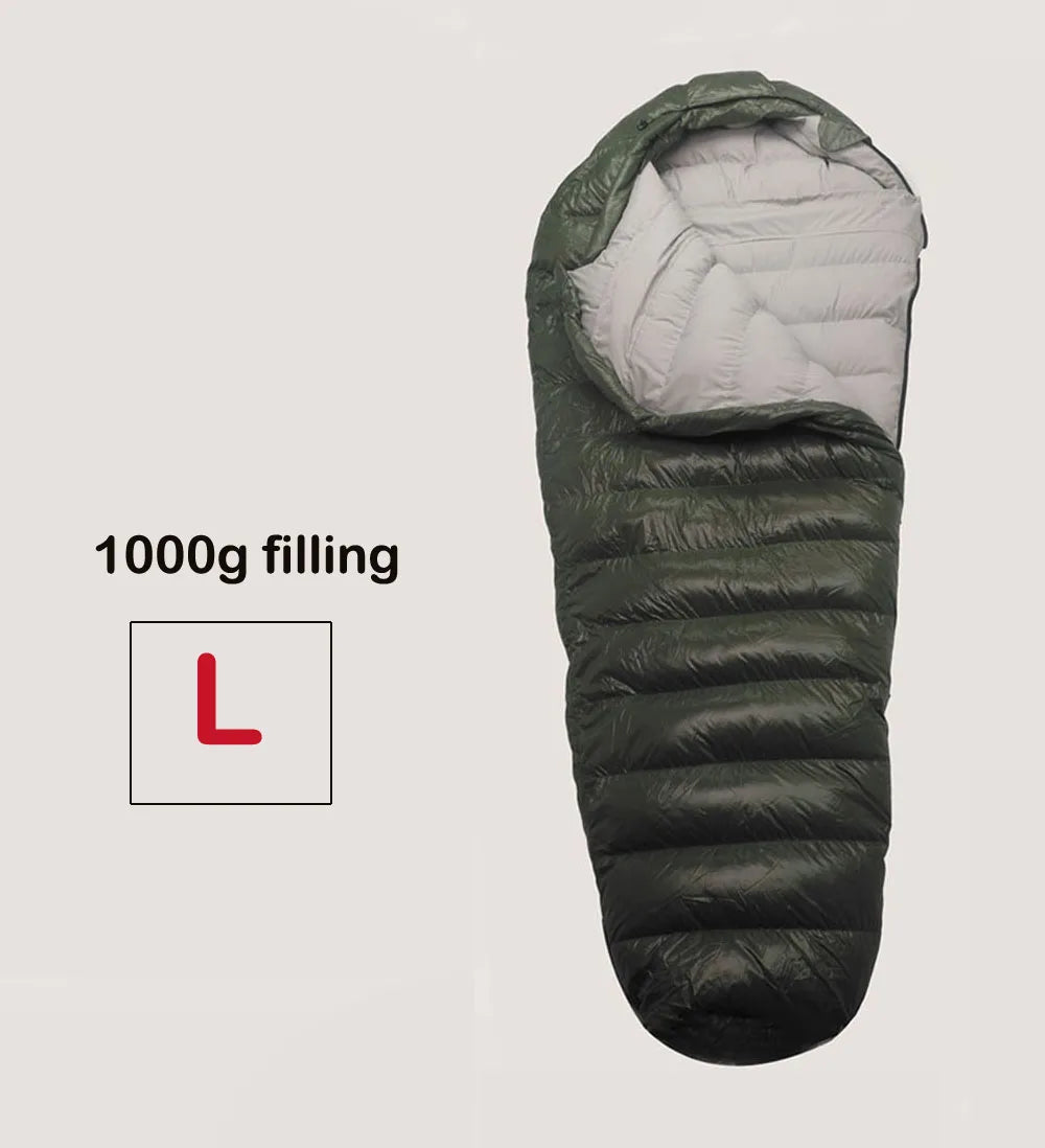Green sleeping bag with 1000g filling label on a light gray background